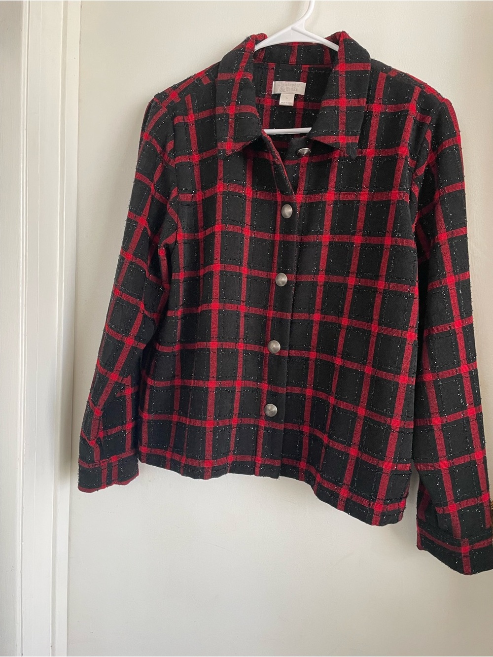 Christopher & Banks Black Jacket with Red Windowpane Plaid
